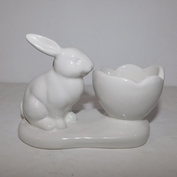 White Rabbit Bunny 5" Ceramic Egg Cup Holder Easter Decor - Picture 3 of 6